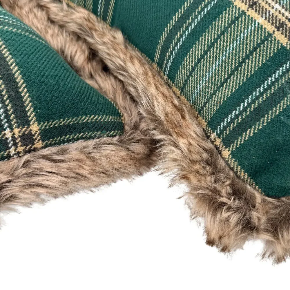 Martha Stewart 20x20 Green Plaid Flannel Faux Fur Decorative Throw Pillows Pair